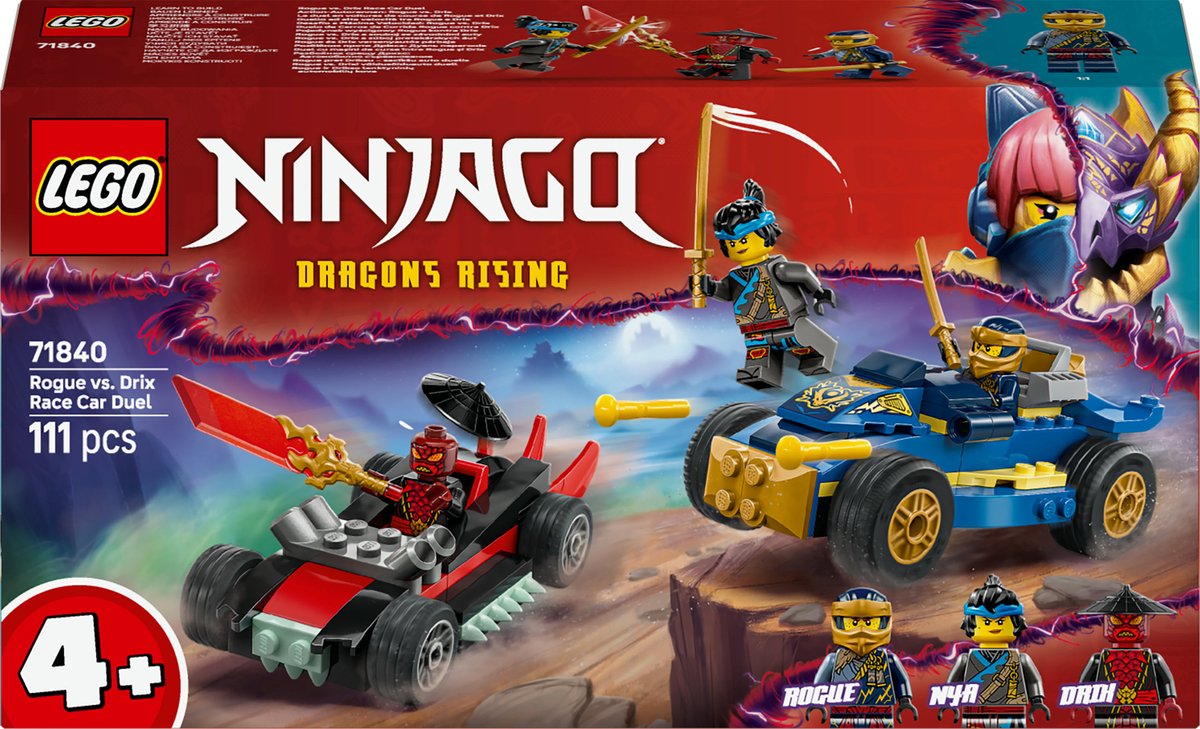 LEGO® NINJAGO® Rogue vs. Drix Racewagenduel, Ninjaspeelset met 3 Minifiguren, 2 Raceauto's, 2 Ninjakatana's en een Onthullingszwaard, Cadeautje voor Kinderen Vanaf 4 Jaar 71840
