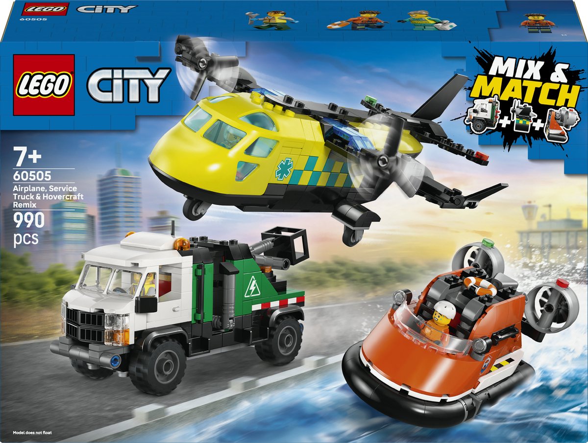 LEGO City speelset vliegtuig, onderhoudsvoertuig en luchtkussenboot.
